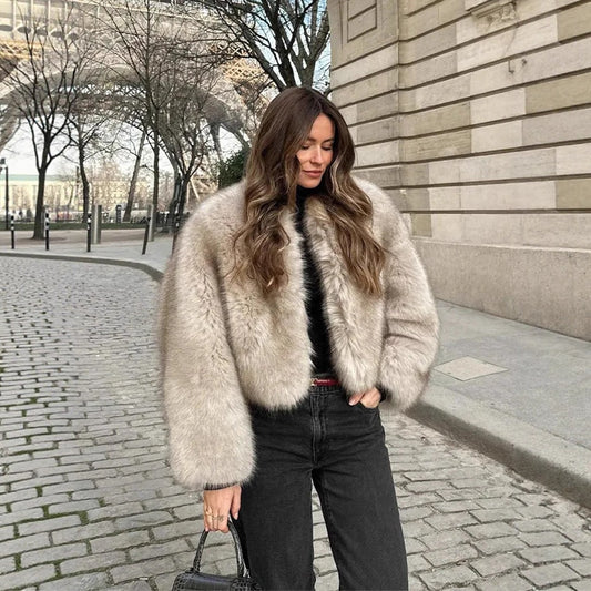Faux Fur Coat Soft Fur Collar Wide Cuff Matching Sweater Jeans Design Autumn Winter Clothing - Iyanka