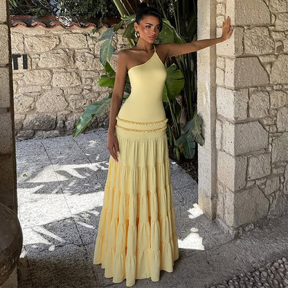 Sexy Hollow Out Cutout out Backless Stitching Tied One Shoulder Pleated Multi Layer Maxi Dress Women