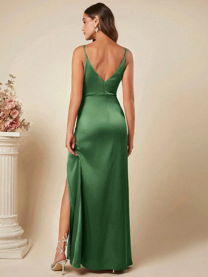 Women Spring Summer Satin Sling Dress Sexy Backless Pleated Dress Bridesmaid Dress - Iyanka
