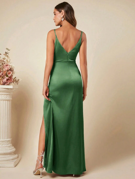 Women Spring Summer Satin Sling Dress Sexy Backless Pleated Dress Bridesmaid Dress - Iyanka