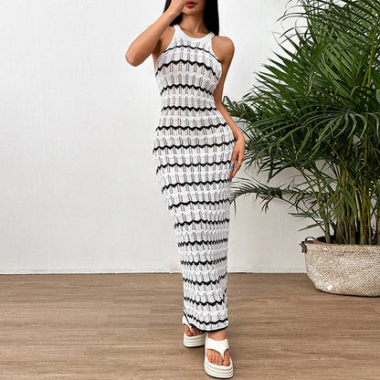 Women Clothing Sexy Sleeveless Hollow Out Cutout Striped Dress Beach Cover up - Iyanka