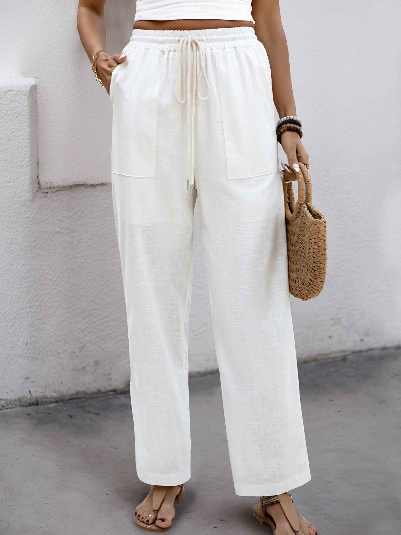 Women’s Summer Elegant White Lace-Up High Waist Trousers