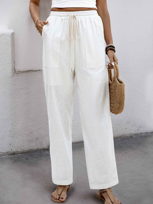 Women’s Summer Elegant White Lace-Up High Waist Trousers