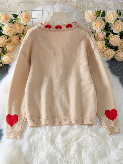 Outer Wear Stitching Sweater Coat Lace up Love Jacquard Knitted Cardigan Women - Iyanka