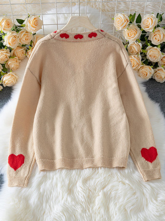 Outer Wear Stitching Sweater Coat Lace up Love Jacquard Knitted Cardigan Women - Iyanka