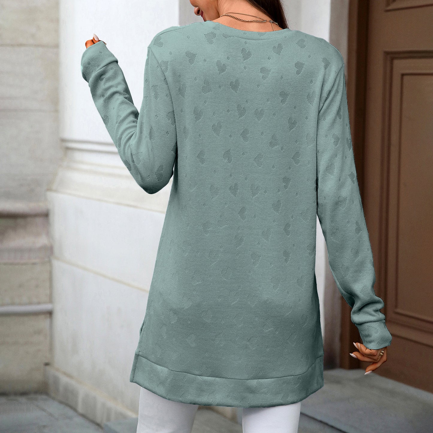 Autumn Winter Solid Color round Neck Loose Long Sleeve Split T shirt Top Women - Iyanka