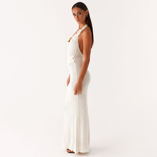 Sexy Hollow Out Cutout Floating Floral Halter Backless Sleeveless Casual Vacation Beach Dress - Iyanka