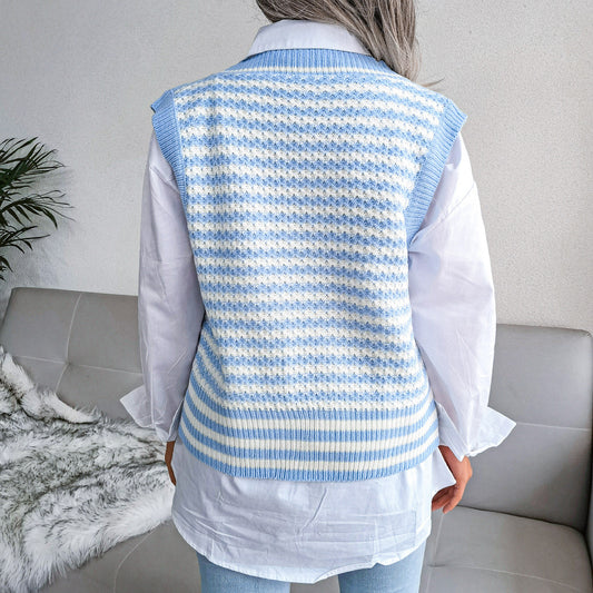 Stripe College Knitted Vest Sweater Women Clothing - Iyanka