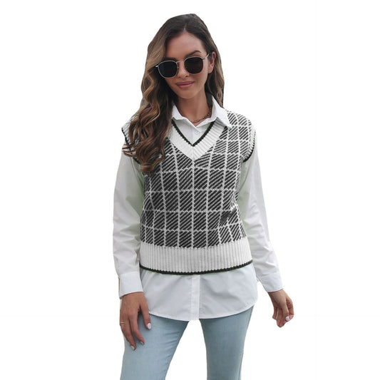 Plaid V-neck Vest Sweater Women Vest Outer Wear Inner Wear Autumn Winter Striped Knitwear Sweater - Iyanka
