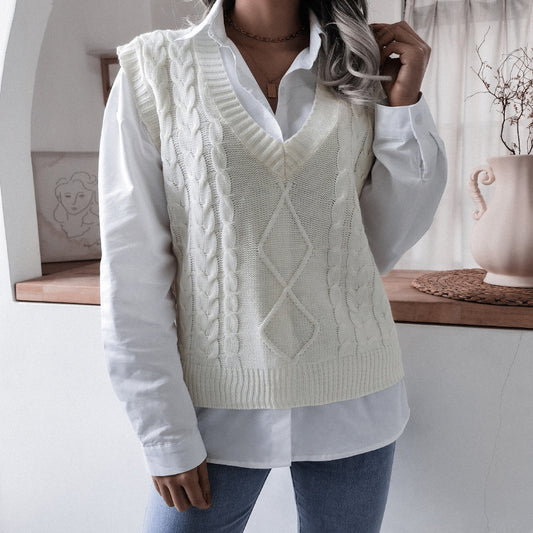 Autumn Winter V neck Twist Casual Loose Knitted Vest Sweater Waistcoat Women Clothing - Iyanka