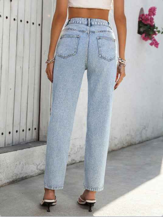 Women High Waist Casual All Matching Straight Jeans