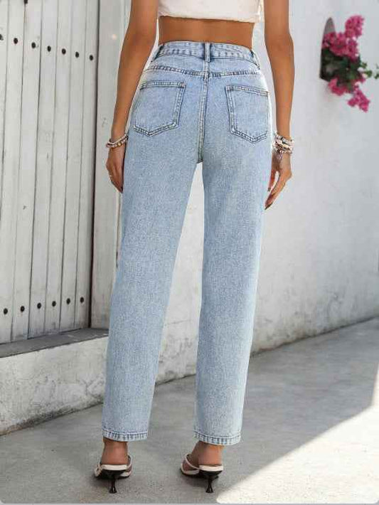 Women High Waist Casual All Matching Straight Jeans