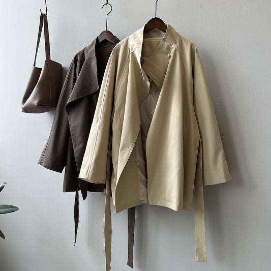 Retro Elegant Mid Length Trench Coat Women Spring Loose Waist Stand Collar Top - Iyanka