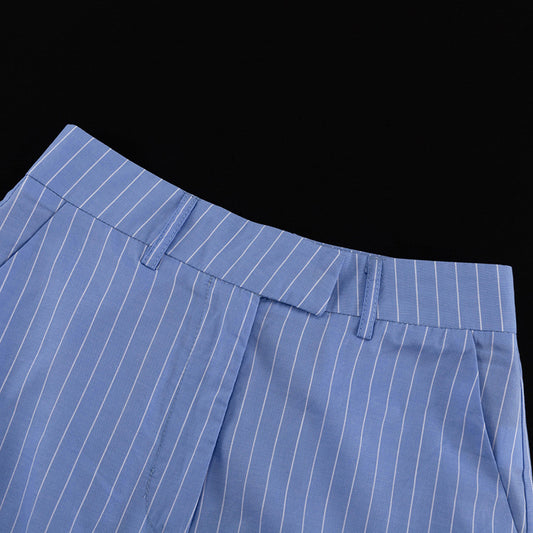 Women Clothing Striped Collared Long Sleeve Short Shirt Loose Wide Leg Pants Two Piece Set - Iyanka
