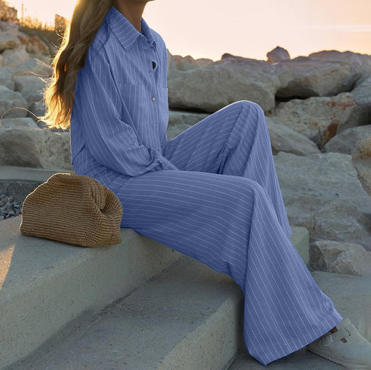 Women Clothing Striped Collared Long Sleeve Short Shirt Loose Wide Leg Pants Two Piece Set - Iyanka