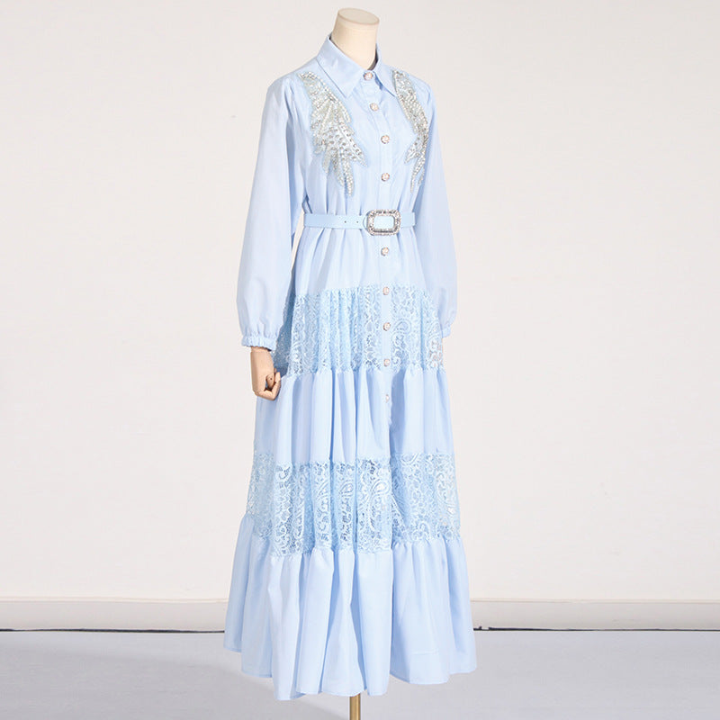 Socialite Elegant Dress Summer Collared Embroidery Water Soluble Floral Patchwork Waist Slimming Maxi Dress for Women