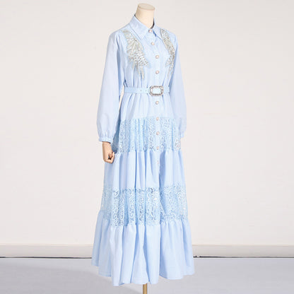 Socialite Elegant Dress Summer Collared Embroidery Water Soluble Floral Patchwork Waist Slimming Maxi Dress for Women