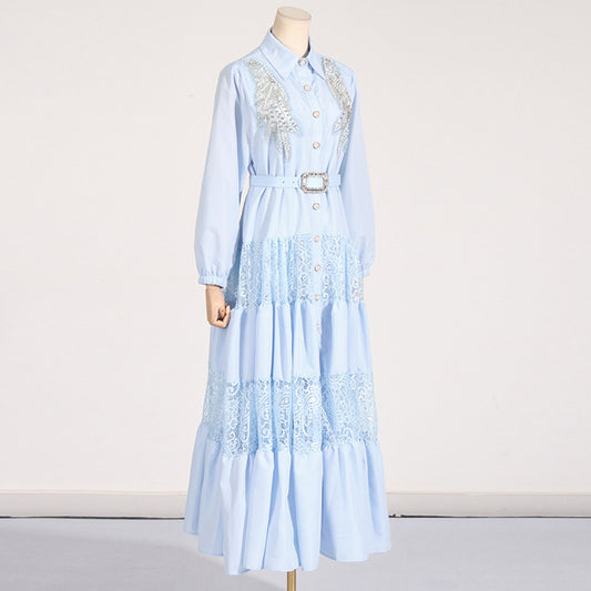 Socialite Elegant Dress Summer Collared Embroidery Water Soluble Floral Patchwork Waist Slimming Maxi Dress for Women