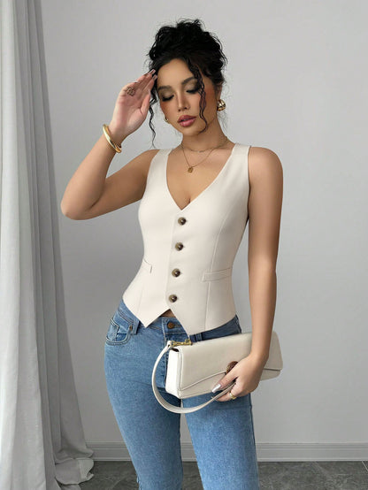 Women Clothing Single Breasted Blazers Vest Retro Sexy Short V neck Top - Iyanka