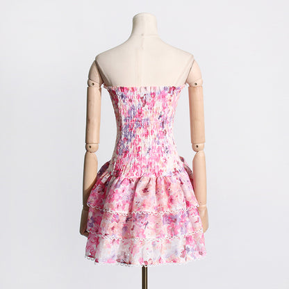 Seaside Beach Vacation Summer Tube Top Floral Print Slim Fit Ruffled Dress for Women