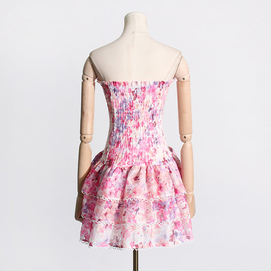 Seaside Beach Vacation Summer Tube Top Floral Print Slim Fit Ruffled Dress for Women