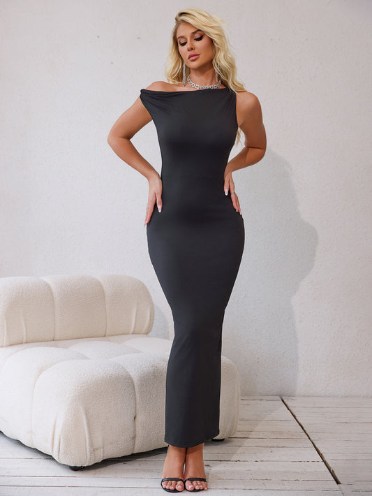 Women Clothing Spring Summer Sleeveless Sexy Slit Pleated Tight Dress