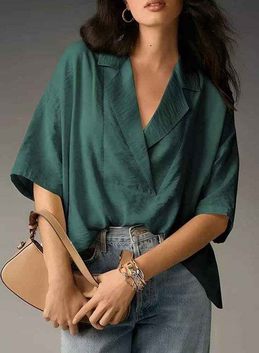 Women’s Summer Short Sleeve Collared Casual Loose Top – Solid Shirt