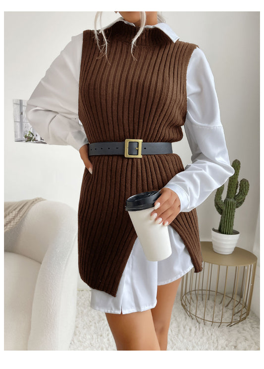 Dedicated for Early Autumn Middle East Women Split Solid Color Mid Length Vest Sweater - Iyanka