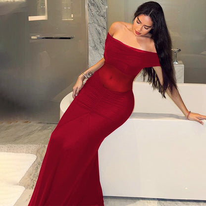 Mesh Stitching Maxi Dress Summer Sexy off Shoulder Pleated Slim Dress
