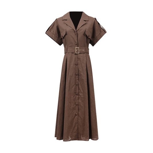 Elegant Women Retro Maxi Dress Women Summer Suit Collar with Shoulder Sleeve Waist Solid Color Dress
