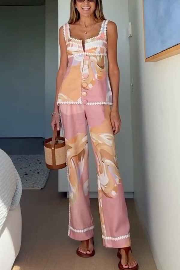 Spring Summer Sleeveless Vest Pants Printing Vacation Pocket Two Piece Set