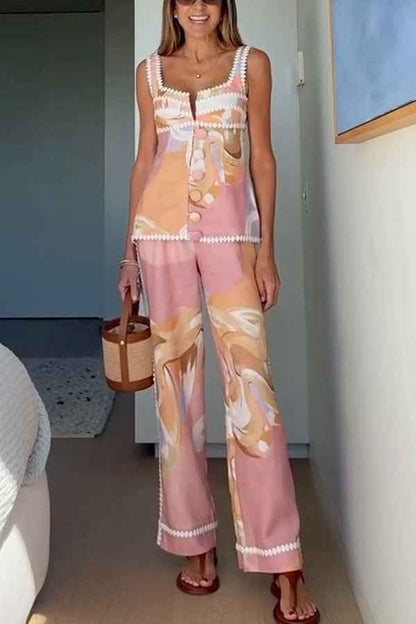 Spring Summer Sleeveless Vest Pants Printing Vacation Pocket Two Piece Set