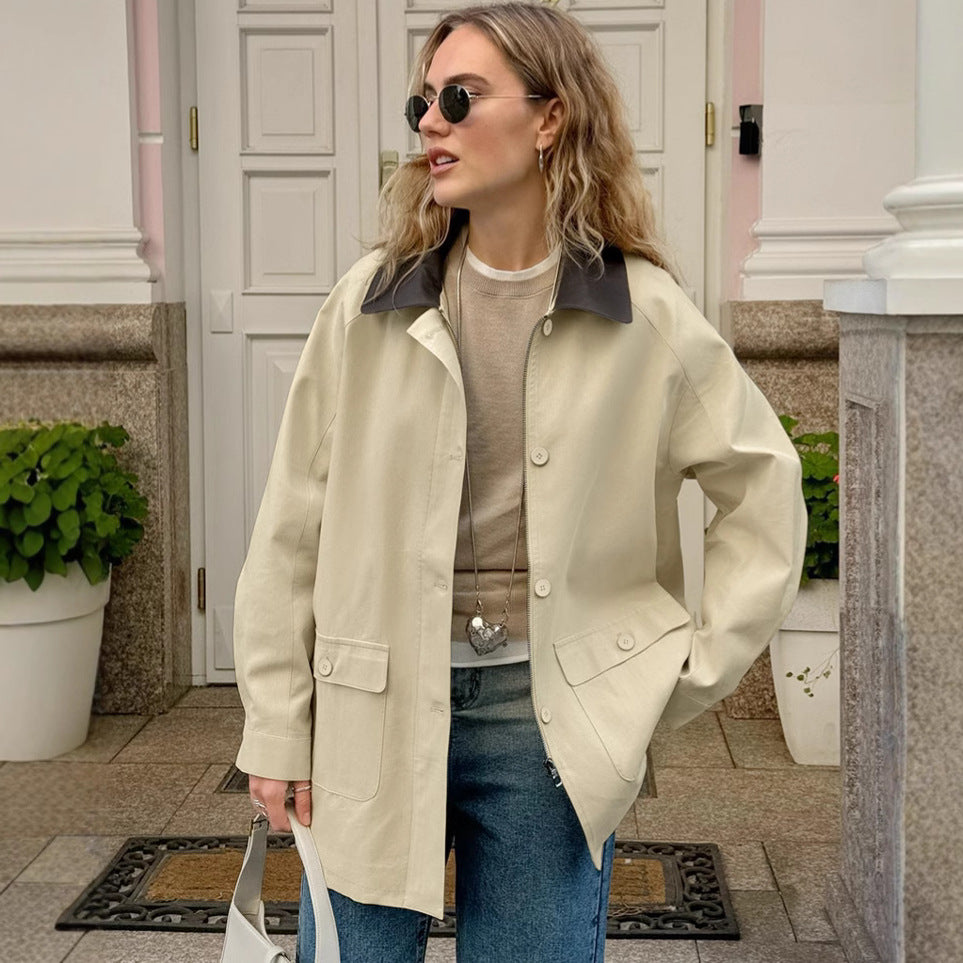 Retro Lapels Pure Cotton Contrast Color Loose Casual Jacket Autumn Winter Coat - Iyanka