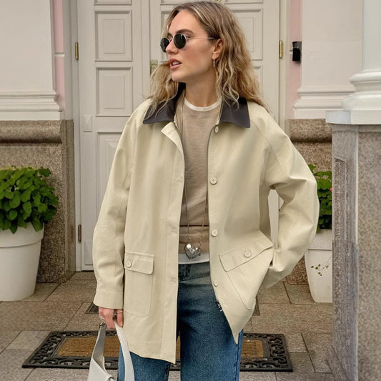 Retro Lapels Pure Cotton Contrast Color Loose Casual Jacket Autumn Winter Coat - Iyanka