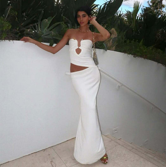 Sexy Tube Top Stitching Steel Ring Cropped Outfit Sheath Long Adult Lady like Woman Dress Women
