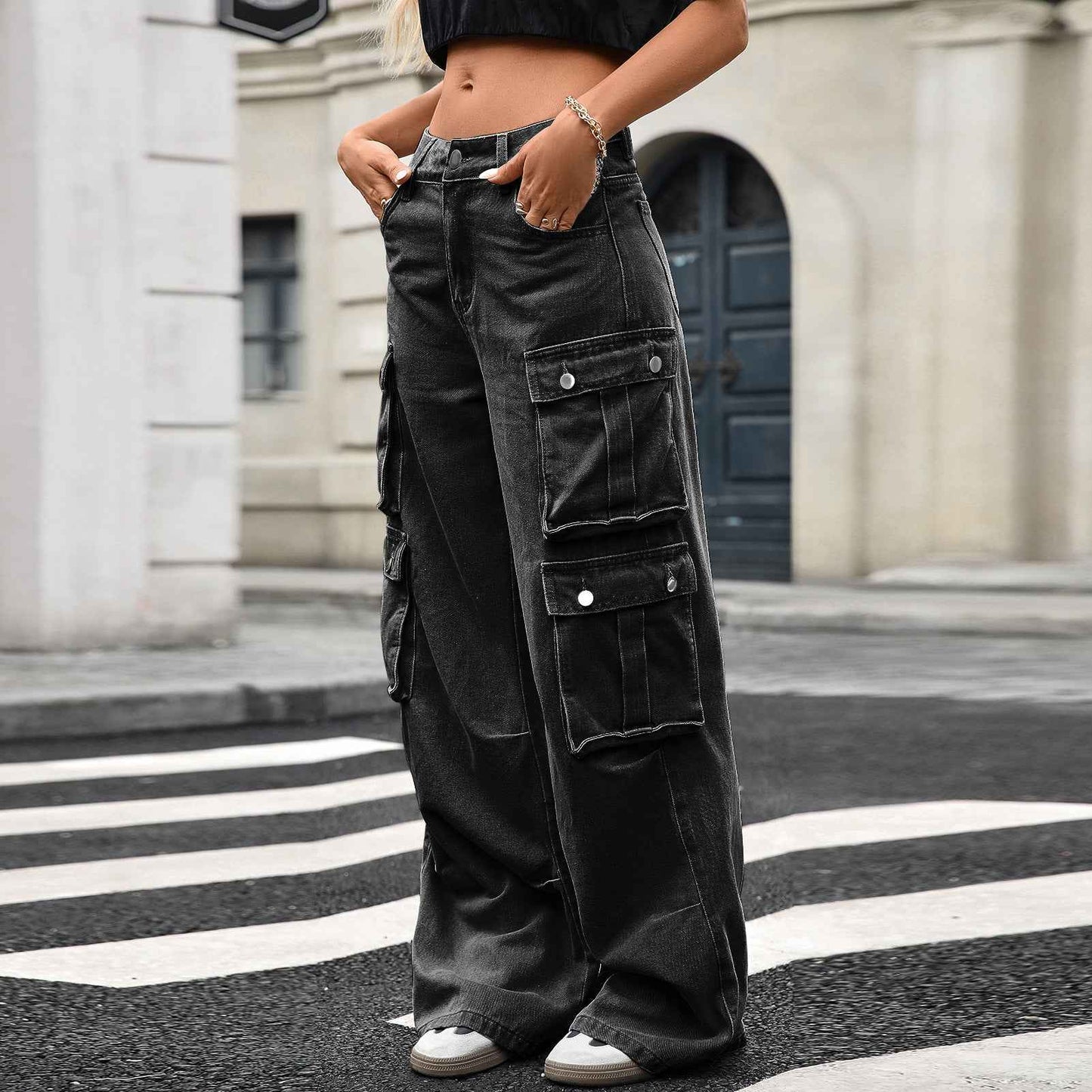 Workwear Fall Denim High Waist Straight Loose Wide Leg Pants Women