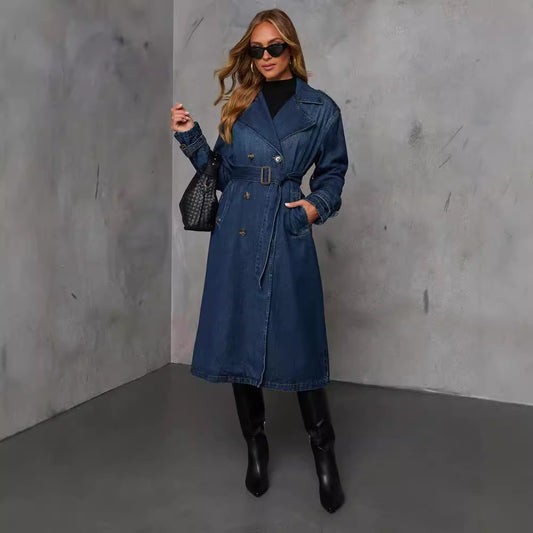 Autumn Casual Retro Denim Women Wide Windbreaker Coat With Belt - Iyanka