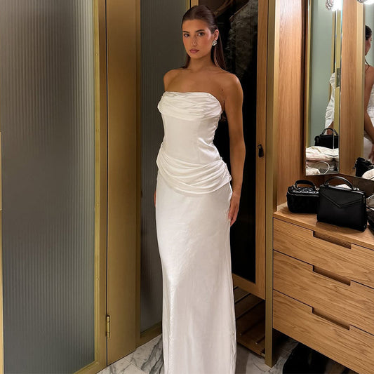 Summer Women Solid Color Graceful Satin Pleated Slim Tube Top Dress - Iyanka