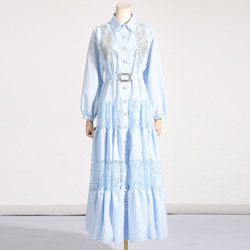 Socialite Elegant Dress Summer Collared Embroidery Water Soluble Floral Patchwork Waist Slimming Maxi Dress for Women