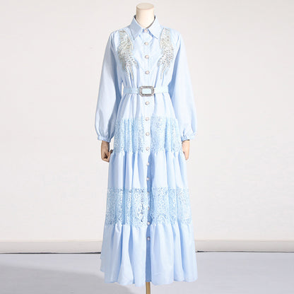 Socialite Elegant Dress Summer Collared Embroidery Water Soluble Floral Patchwork Waist Slimming Maxi Dress for Women