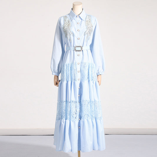 Socialite Elegant Dress Summer Collared Embroidery Water Soluble Floral Patchwork Waist Slimming Maxi Dress for Women