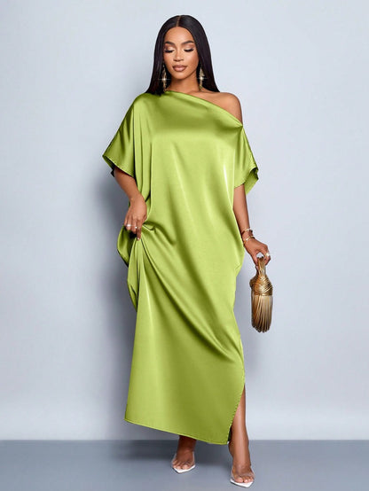 Women Clothing Early Autumn Satin Dress Yellow Satin Maxi Dress - Iyanka