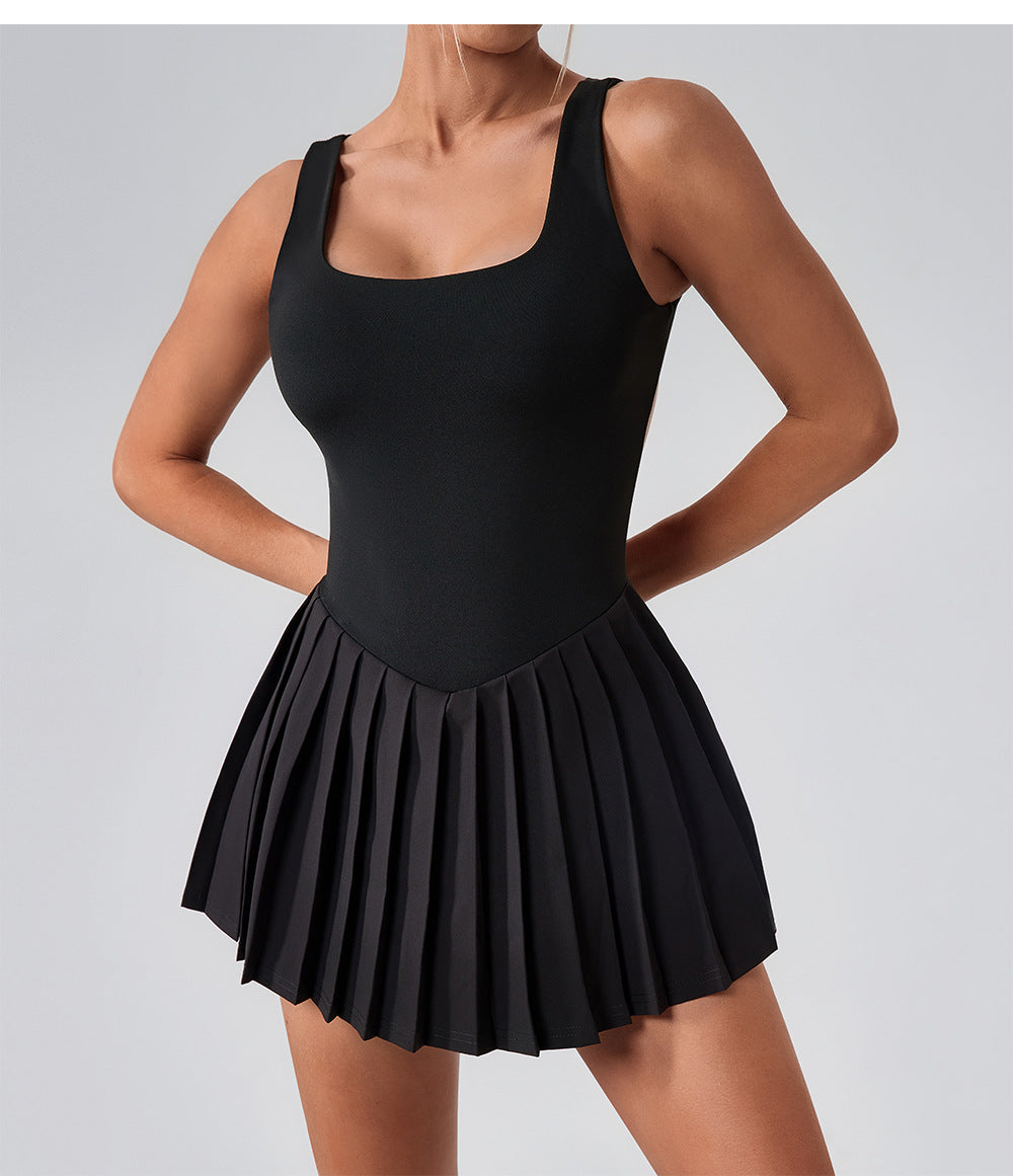 Sleeveless Sports Yoga Dress Fitness Faux Two Pieces Anti Wardrobe Malfunction Base Pockets Draped Dress Running Tennis Dress Women - Iyanka