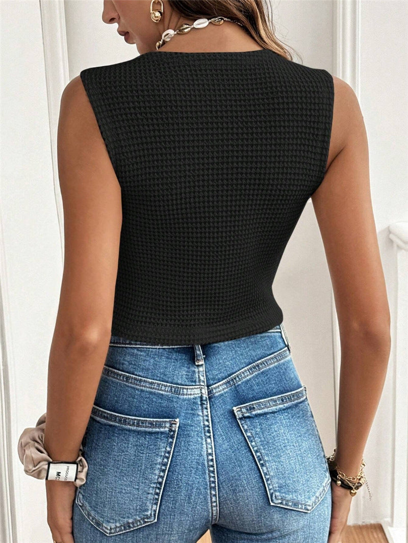 Casual Simple V neck Three Button Women Vest T shirt Top - Iyanka