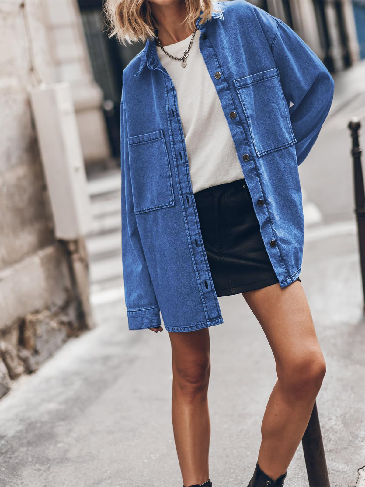 Retro Hong Kong Collared Denim Coat Women Blue Large Pocket Loose Casual Jacket - Iyanka