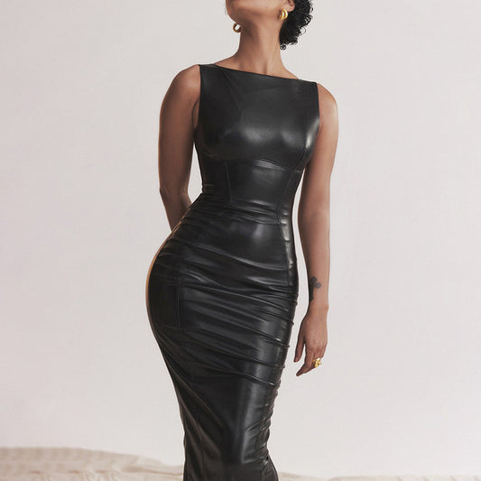 Women Dress Autumn Faux Leather Dress Split Maxi Dress Women Clothing Now - Iyanka