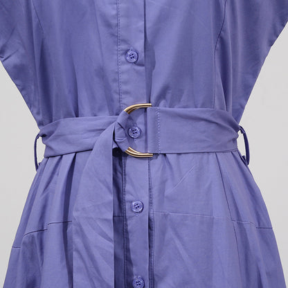Solid Color Dress Summer Polo Collar Hollow Out Cutout out Belt Waist Trimming Short Sleeved Large Swing Dress Women