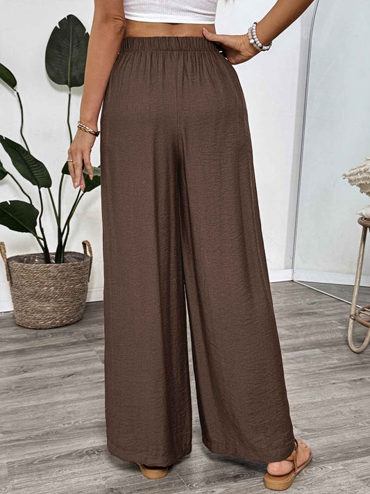 Casual Simple Lace up Embroidery Solid Color Loose Wide Leg Pants Thin Women