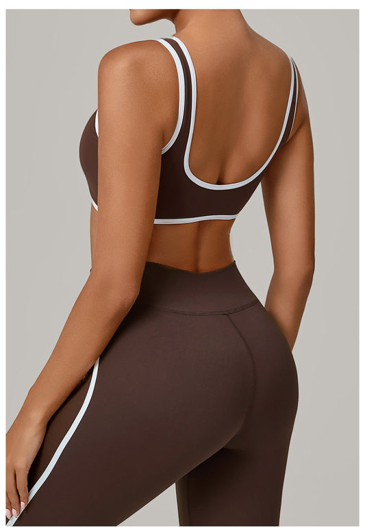 Autumn Sand Contrast Color Wide Shoulder Strap Sports Underwear Shockproof Women One Piece Yoga Bra Outdoor Workout Clothes - Iyanka