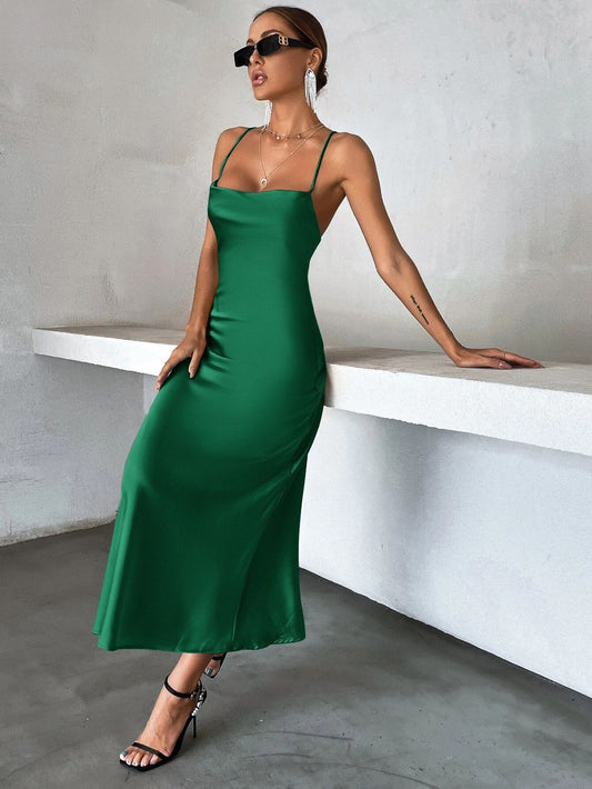 Women Clothing Solid Color Satin Satin Party Strap Dress Party Dress - Iyanka